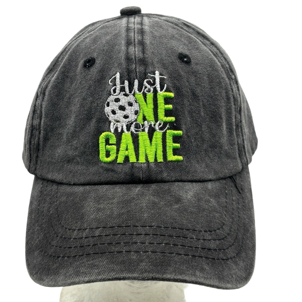 Just One More Game Pickleball Hat Adjustable Black Cotton Embroidered Dad Cap